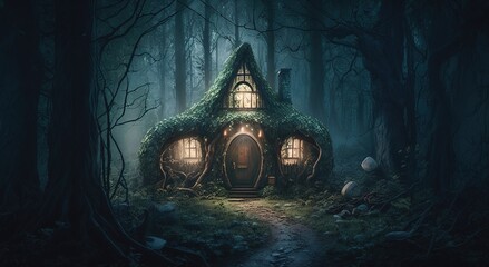 Wall Mural - A creepy fairy home in a misty, gloomy spot in the woods. Generative AI