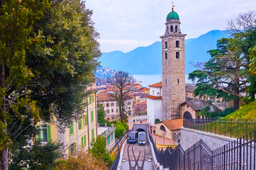 Sticker - Sassellina funicular and bell tower of Lugano Cathedral, Switzerland