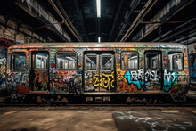 Old Tram In The City With Graffiti Created With Generative AI Technology