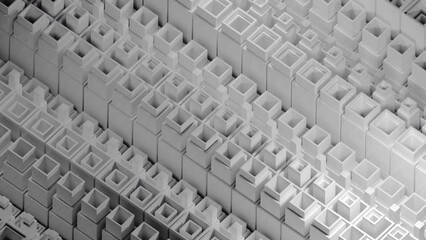 Poster - Square 3d columns move in mechanical waves. Design. Columns move in 3d waves up and down with effect of machine. Mechanical structure of moving abstract columns