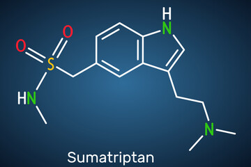 Poster - Sumatriptan molecule. It is serotonin receptor agonist used to treat migraines, headache. Structural chemical formula on the dark blue background