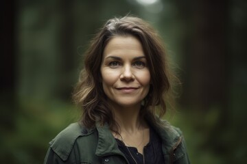 Close-up portrait photography of a pleased, woman in her 30s wearing a chic cardigan against a forest background. Generative AI