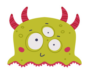 Wall Mural - Funny Green Monster with Horns and Bulging Eye Vector Illustration