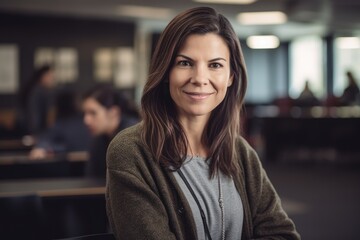 Group portrait photography of a satisfied, woman in her 30s wearing a chic cardigan against a classroom or educational setting background. Generative AI