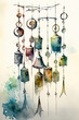 A group of wind chimes hanging watercolor, Generative AI