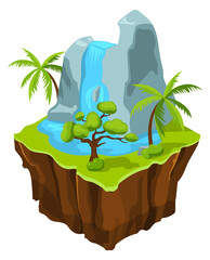 Wall Mural - Isometric waterfall on flying island. Cartoon game location