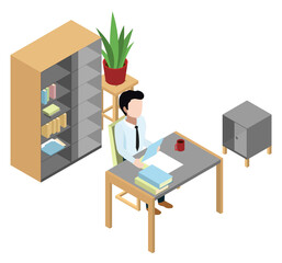 Poster - Isometric office workplace. Man working at desk with documents