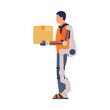 Man in Robotic Exoskeleton Costume Holding Parcel Box as Future Technology Device Vector Illustration