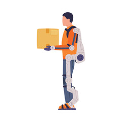 Poster - Man in Robotic Exoskeleton Costume Holding Parcel Box as Future Technology Device Vector Illustration