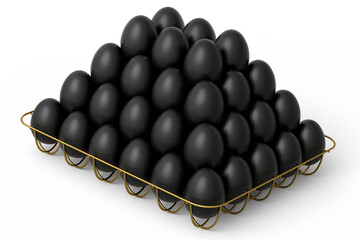 Wall Mural - Luxury black eggs standing in pyramid in metal tray for morning breakfast