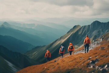 Canvas Print - Group of sports people are walking in the mountains. Generative AI.