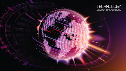 Poster - Abstract image of planet Earth. Vector. The effect of movement and explosion. Stars and planets. The contours of the continents. Modern technological image. Clock face. Time before the disaster.