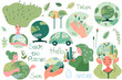 Conservation of the planet. Illustration depicting eco-friendly elements of the environment, with a man holding the Earth in his hands, green car, leaves. Global Warming and Climate Change Concept.