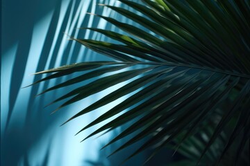 Blurred shadow from palm leaves on the light blue wall. AI generated