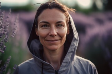 Close-up portrait photography of a grinning woman in her 30s wearing a comfortable tracksuit against a lavender field or flower farm background. Generative AI