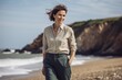 Lifestyle portrait photography of a pleased woman in her 30s wearing a smart pair of trousers against a summer landscape or beach background. Generative AI