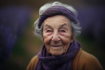 Headshot portrait photography of a pleased elderly woman in her 90s wearing a cozy sweater against a lavender field or flower farm background. Generative AI