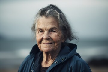 Close-up portrait photography of a grinning woman in her 80s wearing a stylish hoodie against a summer landscape or beach background. Generative AI