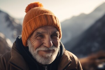 Wall Mural - Close-up portrait photography of a cheerful man in his 80s wearing a warm beanie or knit hat against a mountain landscape background. Generative AI