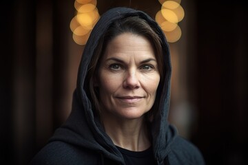 Portrait of a middle-aged woman in a black hoodie