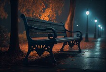 Bench In Park On Dark Misty Rainy Night, Created Using Generative Ai Technology
