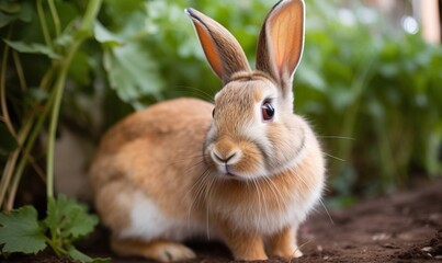 Poster -  a small rabbit sitting in the dirt near some green plants.  generative ai