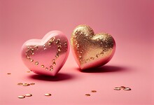 Two Glitter Hearts On A Pink Background With A Pink Background And A Pink Background With Gold Glitter Hearts On It. Generative AI