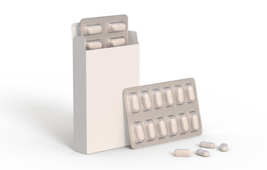 Wall Mural - Package with two blisters with white medicines pills on transparent background. 3d rendering