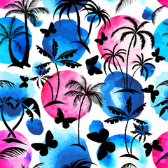 Wall Mural - palm trees and butterflies seamless pattern. Vector illustration