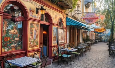 Canvas Print -  a restaurant with a mural on the side of the building.  generative ai