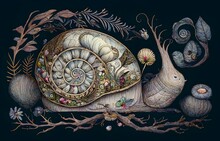 A Vintage Image Of A Forest Snail With A Rococo Fairytale Shell With Whimsical Motions Esoteric References Intricate Detail Hyperdetailed Muted Colors Intricate Shadows Bizarre Mystical In The Style 