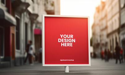 Wall Mural - Red square signboard mockup in outside for logo design, brand presentation for companies, ad, advertising, shops.