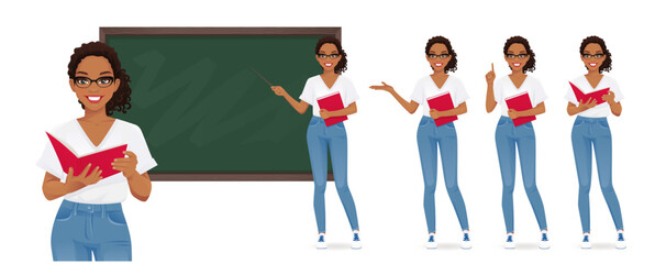 Female young teacher in casual clothes at blackboard with copy space showing something using pointer stick isolated vector illustration