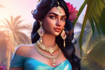 Cartoon illustration of a beautiful Indian woman