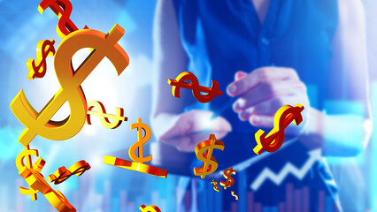Poster - Financial background. Dollar signs near investor's hands. Investments in USD. Economic backdrop. Investment background. Trading through electronic tablet. Girl invests in dollar. Financial scenery