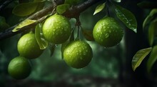 Green Organic Lime Citrus Fruit Hanging On Tree. Generative AI