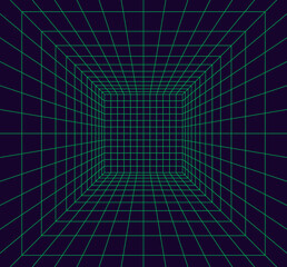 Wall Mural - Grid room in perspective in 3d style. Indoor wireframe from green laser beam,  digital empty box. Abstract geometric design