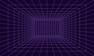 Wall Mural - Grid room in perspective in 3d style. Indoor wireframe from violet laser beam,  digital empty box. Abstract geometric design