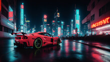 Futuristic Red Sports Car With Staying On Dark Wet Street Of A Cyberpunk City At Night With Neo Glowing Skyscrapers In Back, Generative AI
