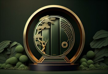 Luxury japan green podium decoration suitable for products.3D rendering. Generative AI