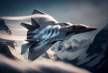 Lockheed Martin F-22 Breaks The Sound Barrier Over The Swiss Alps, Sonic Boom, Atmospheric Lighting, Generative AI