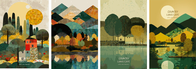 nature and rural landscape. vector illustrations of village, trees, house, lake, mountains, sky and 