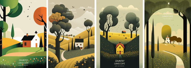 Nature and country landscape. Vector illustrations of village, trees, house, field, sky and lawn for background, poster or card