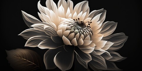 A stunning exotic white blossom is seen up close against a black background. Generative AI