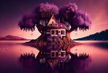 A Beautiful Sweet House Built On A Tree That Blooms With Purple Flowers And Stands On The Shore Of A Lake. Generative AI