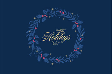 Wall Mural - Dark Blue Purple Horizontal Wreath Script Happy Holidays Vector Illustration 1