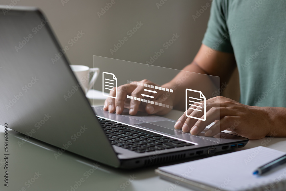 Digital system for transferring documents and files online. Data Transfer concept. File Transfer Protocol (FTP) files receiver and computer backup copy. File sharing isometric.