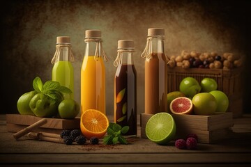 Wall Mural - Juices made from organic ingredients, delivered in half bottles with fruit tubes and a wooden backdrop. Generative AI