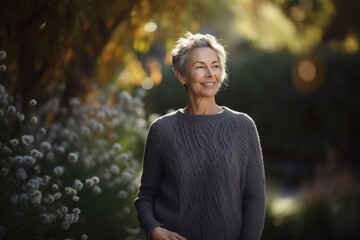 Wall Mural - Full-length portrait photography of a pleased woman in her 40s wearing a cozy sweater against a garden or botanical background. Generative AI