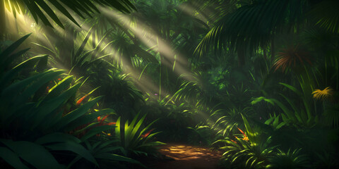 Poster - Jungle on a sunny day. Beautiful tropical forest with exotic plants, flowers, palm trees, big leaves and ferns. Thicket of the rainforest. Bright sun, sunbeams through the foliage. Generative AI